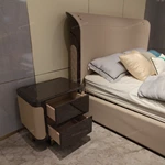 Dark Glossy Nightstand with Woven Leather Side Panels and Hidden Drawer Pulls